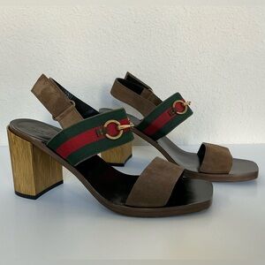 Gucci Quarelle Web Gold Heel Sandal Size 41.5